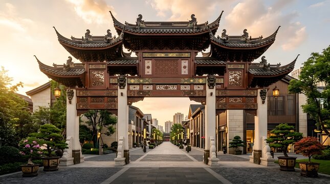 Ornate traditional wooden chinese gate architecture standing at entrance of city pedestrian walkway surrounded by bonsai trees at sunset.