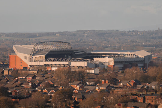28 Feb 2026 Liverpool - Anfield Stadium aerial view above residential streets