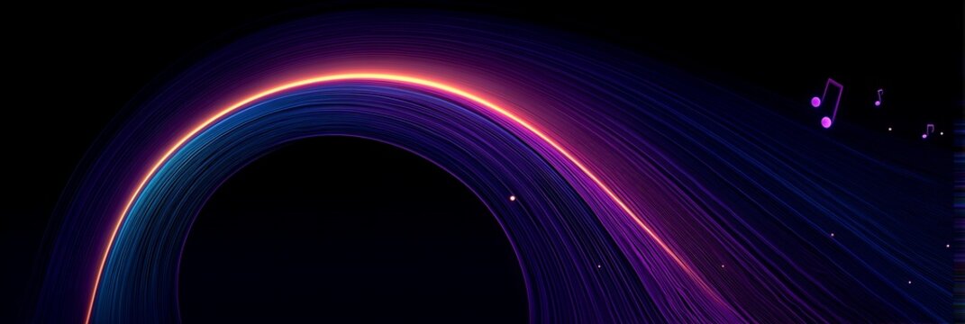 Flowing Kpop blue and orange neon light arch with purple musical notes, light music ultrawide banner