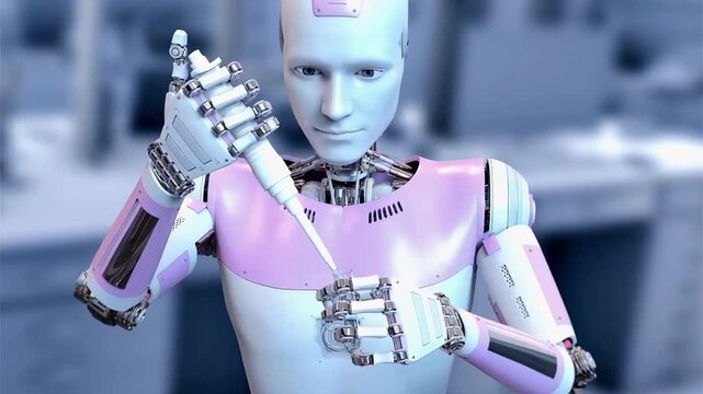Laboratory robot collecting a biological sample, 3D animation representing automated scientific research, precision biotechnology and AI-driven laboratory analysis.