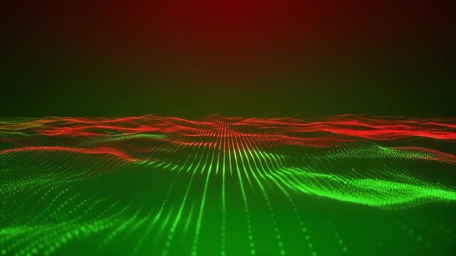 Abstract digital landscape with flowing green and red waves during a dramatic sunset creating an energetic futuristic concept