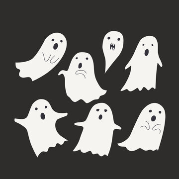 Halloween ghost collection. Season print. Vector illustration on dark background