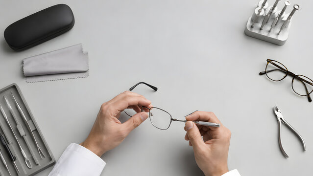 Optician Checking Frame Alignment on Workbench