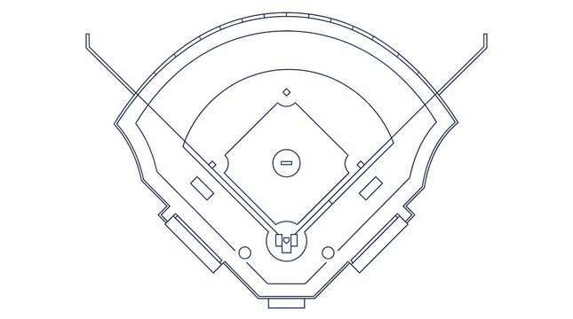 Top-down schematic line art illustration of a baseball stadium field layout