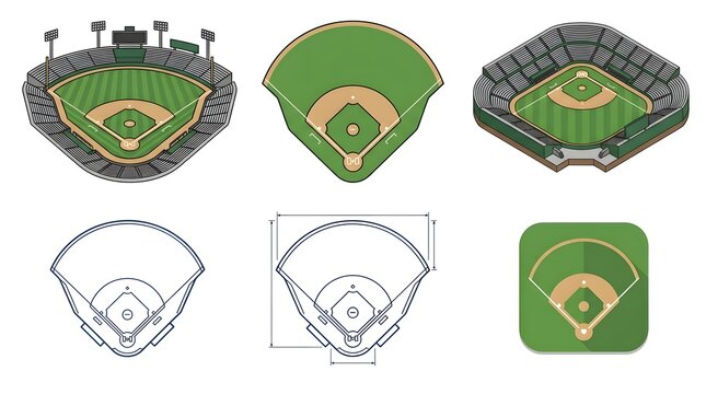 Collection of various baseball field and stadium vector illustrations in isometric and top-down views