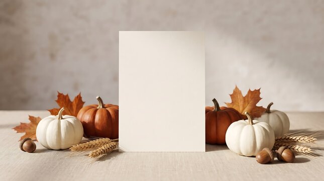 Blank card surrounded by autumn pumpkins and leaves for Thanksgiving design Thanksgiving