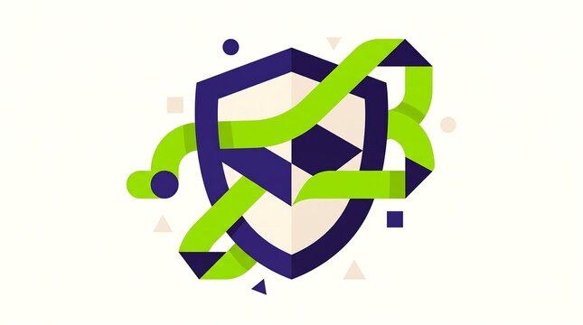 Abstract shield icon with green ribbons representing digital security and data protection.