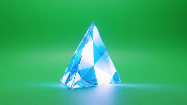 Abstract glowing crystal pyramid rotating slowly with soft light on a clean green background