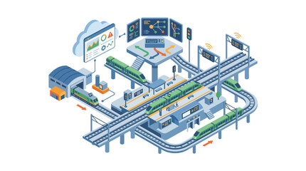 Fototapeta premium Isometric Smart Railway Network with Control Tower and Real Time Data Monitoring System