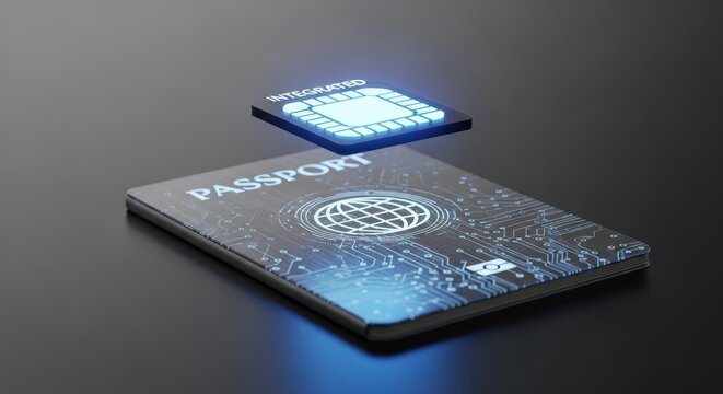 A futuristic, secure, and digitally enhanced 3D rendered conceptual biometric passport featuring a luminous blue electronic circuit pattern on its dark metallic, isolated on transparent background.