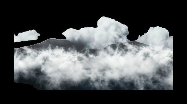 Dense mountain peaks obscured by rolling fog clouds with displays set on transparent background