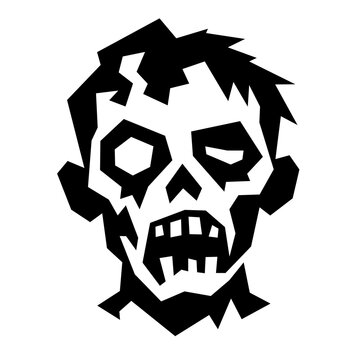 Decaying zombie head with broken features and exposed teeth in a bold black and white geometric horror style.