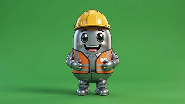 Cute 3D rendered cartoon construction worker character with hard hat and safety vest on green background.