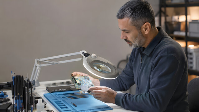 Repair Shop Owner Inspecting Laptop Circuit Board Under Magnifier