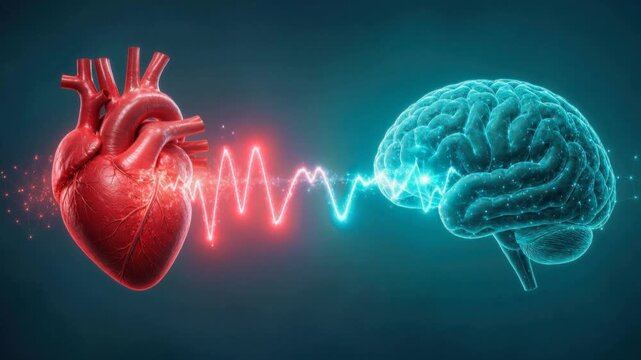 Human heart and brain connected by glowing heartbeat line symbolizing mind body connection and health