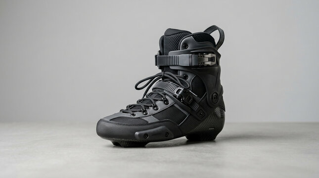 Black inline skate with laces and buckles, showcasing durable construction and performance features, representative of extreme sports and urban mobility.