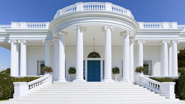mansion. Luxurious residence entrance with detailed architecture under a clear blue sky, simple yet elegant composition. real-estate listings.
