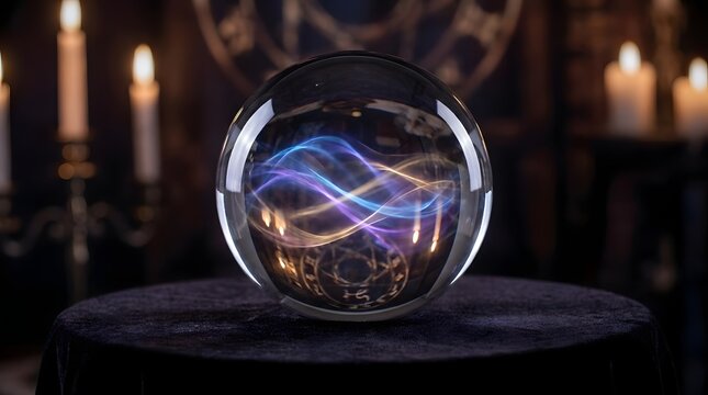 Glowing crystal ball on dark velvet table with mystic energy for divination
