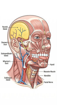 Anatomical illustration of the human head, highlighting salivary glands, ducts, muscles, and nerves.