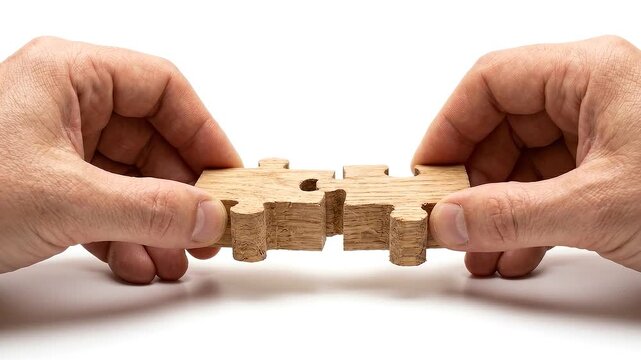 Two hands holding wooden puzzle pieces together to solve a problem and connect ideas