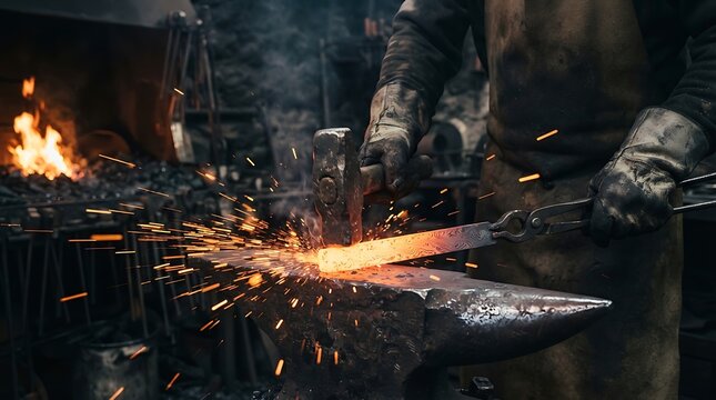 Blacksmith forging glowing hot metal with sparks in workshop