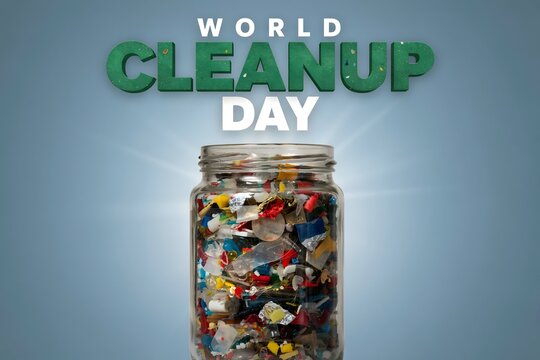 World cleanup day concept glass jar filled with plastic waste environment pollution