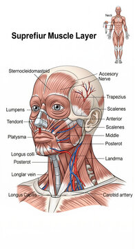 Anatomical illustration of the superficial muscle layer of the human head and neck, highlighting key muscles and nerves.