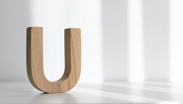Wooden letter U standing on simple table against white wall, minimalist interior design aesthetic, natural wood texture, elegant typography object. Close-up.