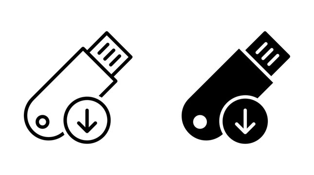 Black and white usb flash drive icons featuring download arrow symbol for portable data storage backup and digital file transfer needs.