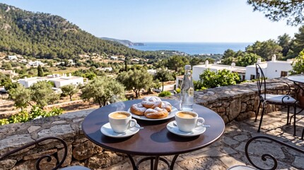 Fototapeta premium Relaxing Morning Coffee and Fresh Pastries on Luxury Resort Terrace with Sea View