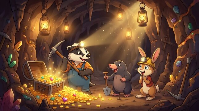 Cartoon badger, mole, rabbit discover glowing gold treasure chest in mine, exploring a magical cave with gems and tools.