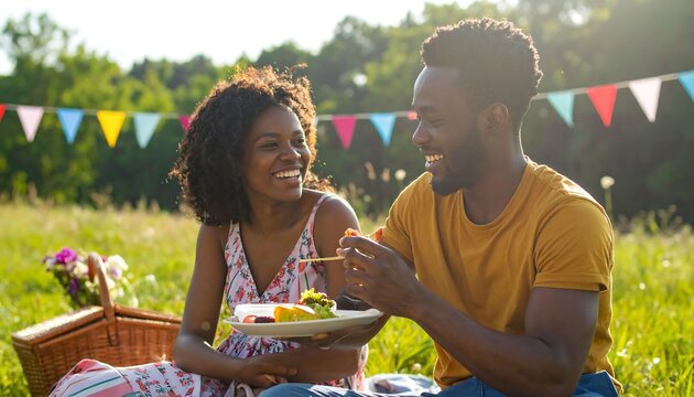 Happy African American couple enjoying a romantic outdoor picnic in a sunny park with colorful festive bunting flags hanging in the distance during a beautiful warm afternoon summer weekend