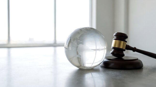 A glass globe and a wooden judge gavel on a table representing international law.