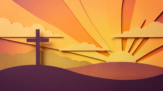 Cross sunrise papercut papercraft hill sunburst cloud easter christian ray sky yellow orange purple sunbeam morning layer craft paper landscape faith hope spiritual religion resurrection