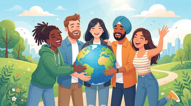 Multiracial youth holding world globe together for International Youth Day celebration