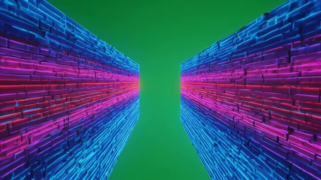 Abstract geometric tunnel with blue and magenta threads during green screen background