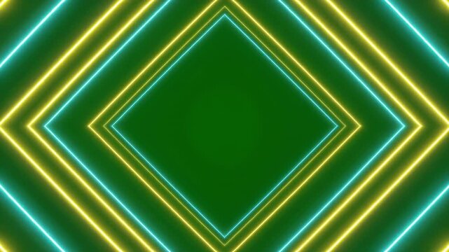 Abstract green and yellow diamond pattern glowing with cinematic motion in a dark studio