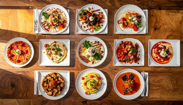 Top view of a wooden table filled with variety of delicious pasta dishes served in assorted plates for a catering event dinner party celebrating italian culinary heritage and tasty meal options