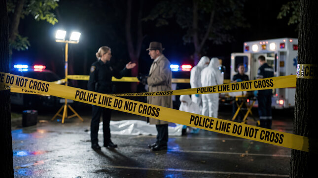 A sharp close-up of a "CRIME SCENE - DO NOT CROSS" yellow and red barrier tape in sharp focus, with the background of a police investigation scene softly blurred