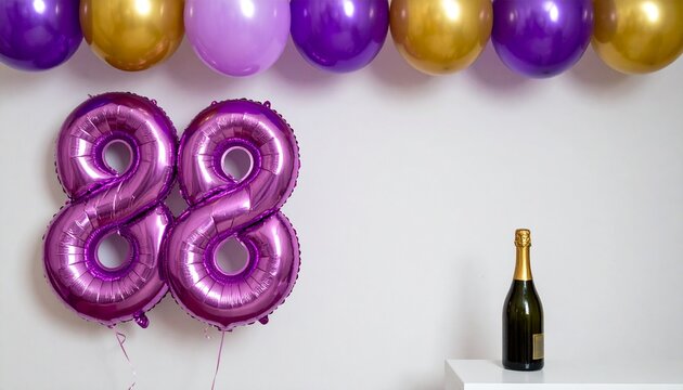 Number 88 Balloon with Champagne Bottle. Purple and Gold Theme for Birthday or Anniversary Celebration