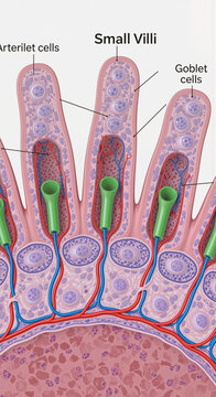 Microscopic view of the small intestine villi, highlighting arteriole cells, goblet cells, and the vascular network.