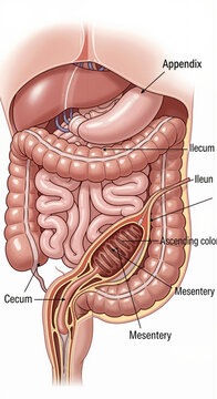 Anatomical illustration of the human digestive system, focusing on the large intestine, appendix, cecum, ileum, and mesentery.