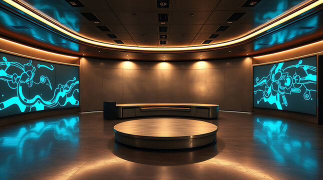 Modern broadcast studio with curved screens and circular platform illuminated by warm spotlights and cool blue light