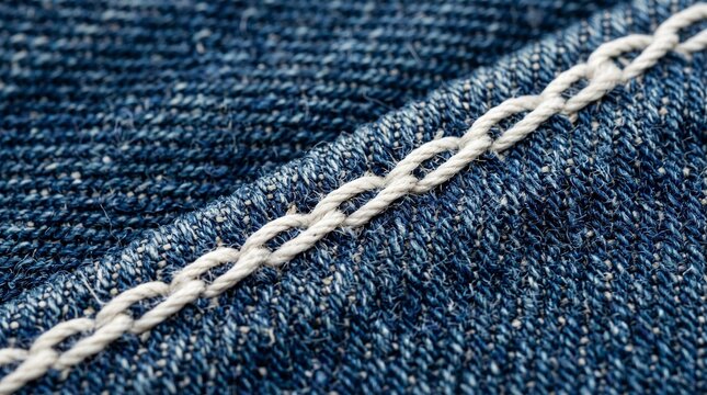 Macro photograph of blue denim fabric weave with detailed white thread stitching