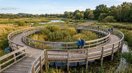 Fototapeta premium Reducing Waste Through a More Circular and Sustainable Economy, Wooden boardwalk with circular design winding through a green wetland area under a partly cloudy sky.