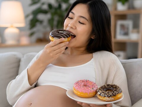 Pregnant Asian Woman Eating Donut on Couch