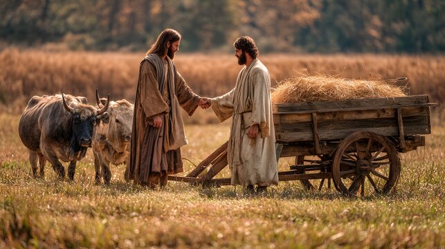 Jesus shaking hands with a farmer in a golden field, with oxen pulling a hayfilled cart in a biblical scene
