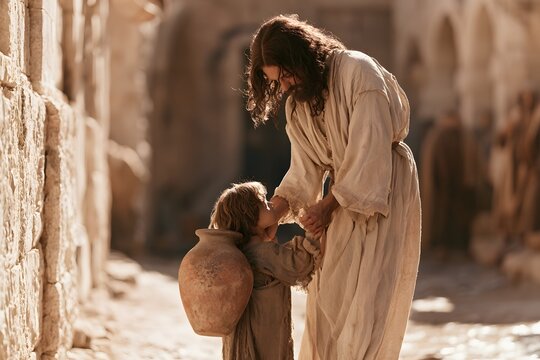 Jesus showing compassion, helping a child carry a large clay pot in a dusty, ancient street in a biblical setting