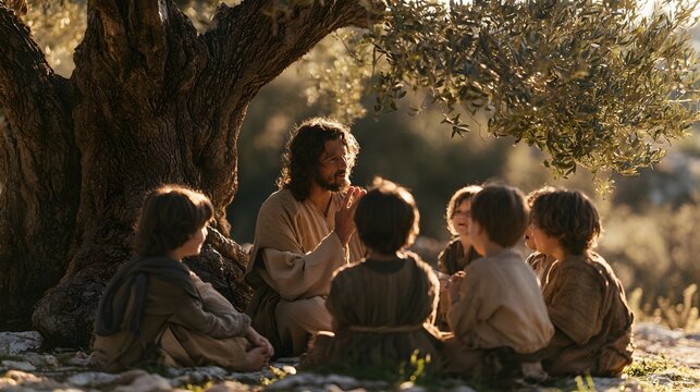 Jesus christ teaching a group of children outdoors under an olive tree, sharing parables and wisdom