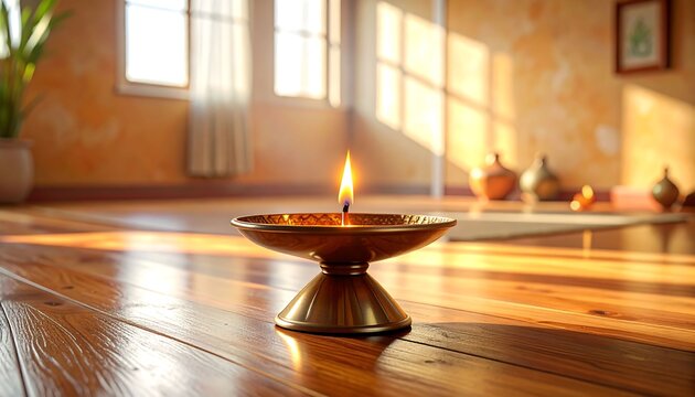 A warm golden flame flickers from a brass lamp sitting on a polished wooden floor within a tranquil residence during the serene afternoon hours while gentle sunlight filters through nearby